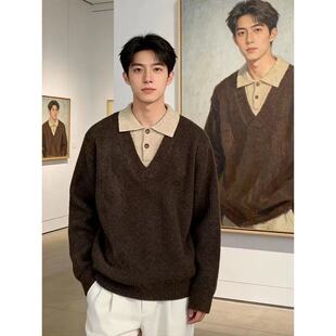 MY秋冬季美式复古设计感毛衣男士翻领慵懒风假两件潮牌针织衫上衣