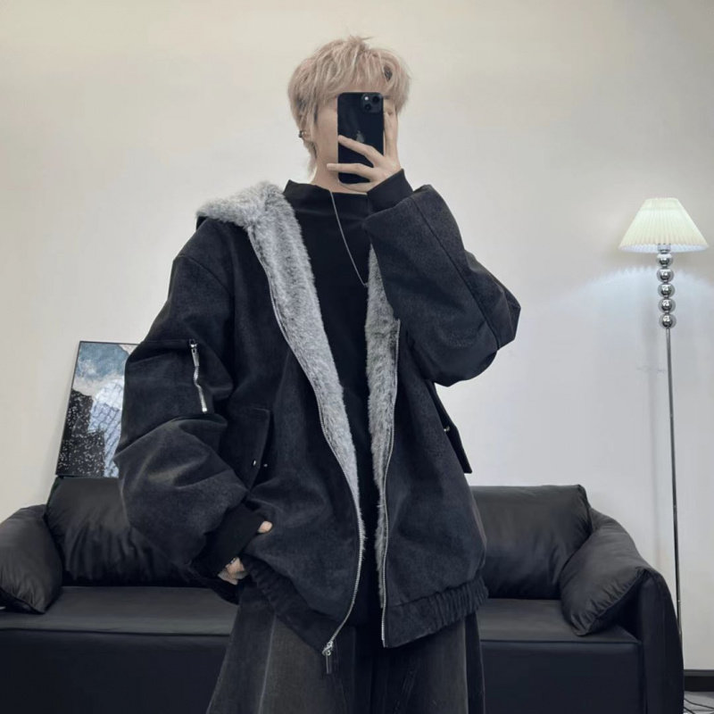 美式复古座山雕棉服加绒连帽外套