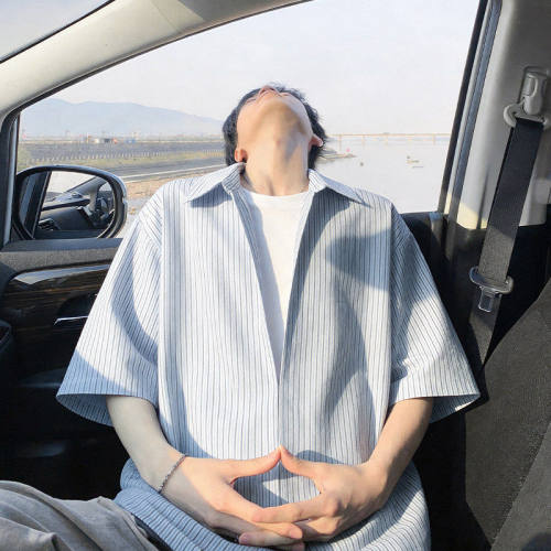 假两件翻领条纹短袖T恤男士半袖