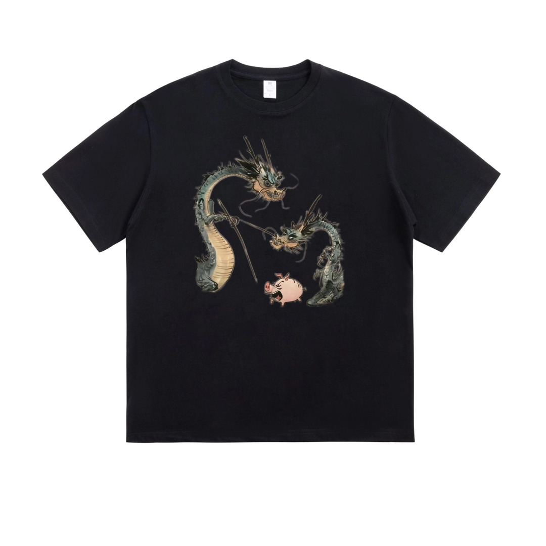 【二龙戏猪】凡间280克重磅纯棉t恤男女情侣短袖夏季高级感