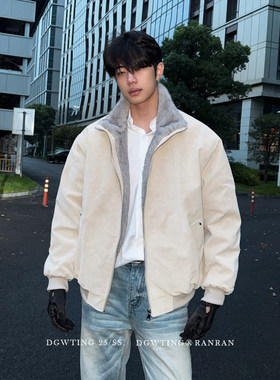 MY冬季美式立领飞行员保暖棉服男双色貂毛座山雕PU皮棉衣加厚外套