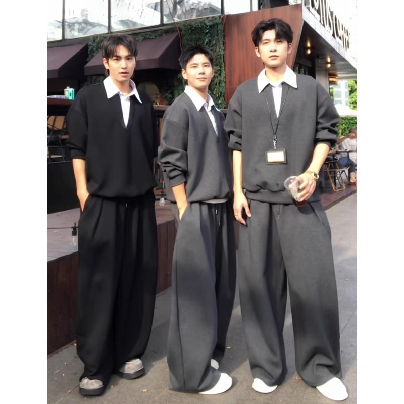 秋季男士假两件衬衫领卫衣套装男