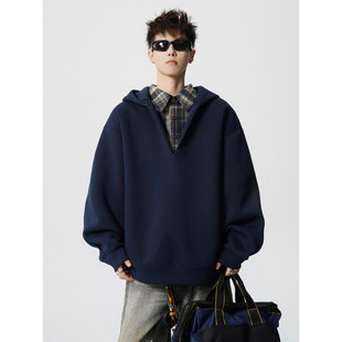 MY假两件连帽加绒卫衣男款冬季美式高街痞帅宽松套头加厚上衣内搭