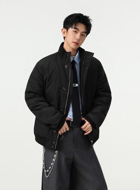 MY冬季时尚都市简约工装立领棉衣男保暖休闲拉链外套黑色美式复古
