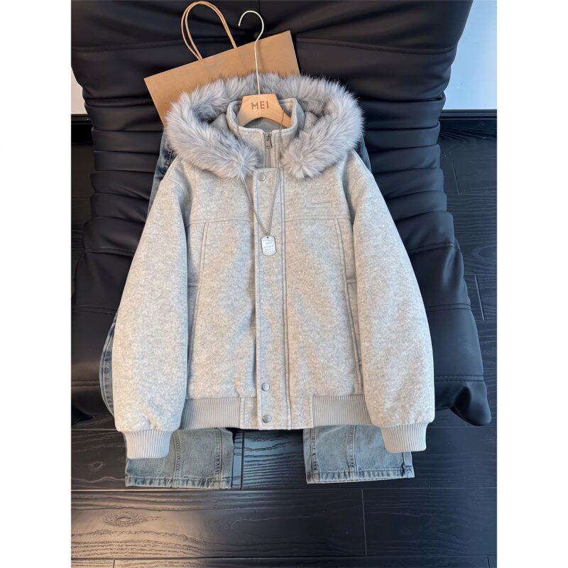 秋冬情侣座山雕毛领连帽棉服男女
