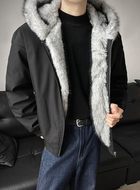 MY冬季狼王座山雕棉衣连帽百搭外套潮流男生毛领保暖加厚宽松棉服