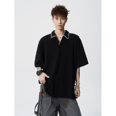 老钱风V领手缝线短袖T恤男士上衣