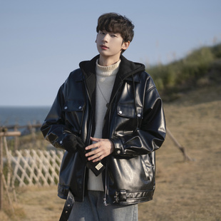 MY冬季新款假两件连帽PU皮棉服外套男款加棉加厚美式机车皮衣夹克