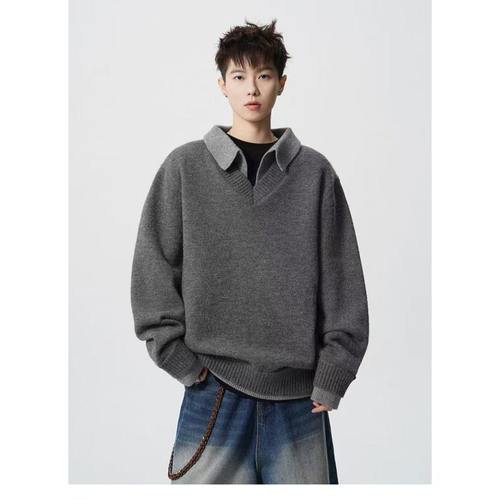 老钱风V领假两件男士针织厚毛衣