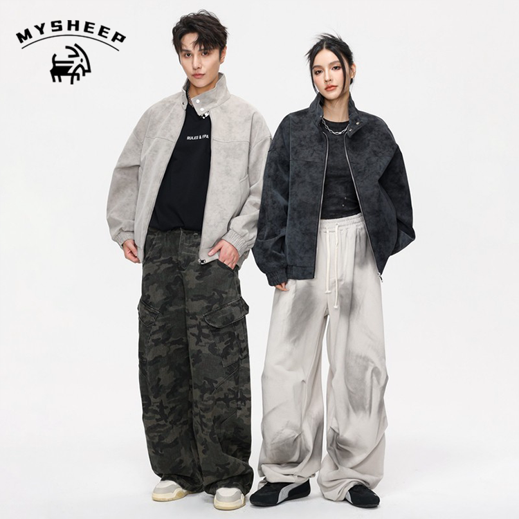 MY美式复古扎染短款皮衣夹克男士春季痞帅半高领机车外套潮牌穿搭