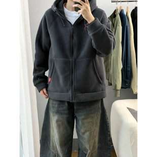 MY秋冬款纯色摇粒绒开衫卫衣男连帽加厚外套重磅情侣装保暖上衣潮