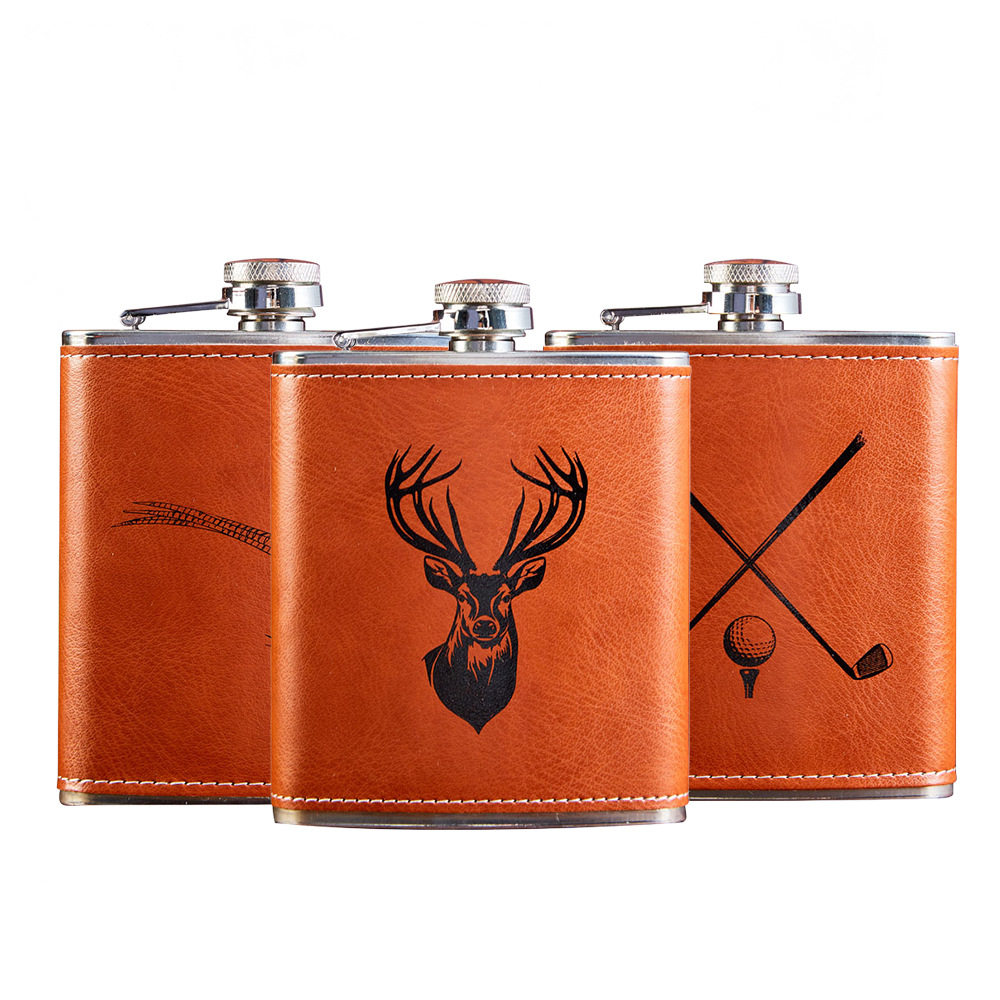 304不锈钢酒壶7盎司加厚随身便携酒具贴皮小酒壶男女士礼品扁酒壶