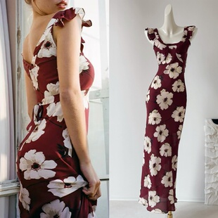 立体斜裁长裙 复古大花朵桑蚕丝印花连衣裙 雪绿 真丝建宏绉