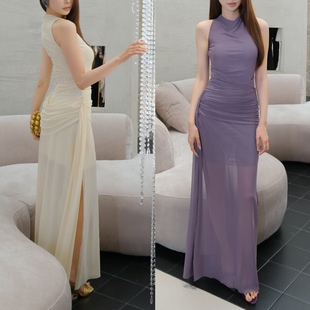 清冷感挂脖网纱长裙 褶皱收腰设计约会晚宴连衣裙 S曲线 雪绿