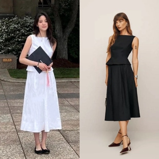 雪绿 原REF法式 温柔大方无袖 收腰上衣半身裙两件套女 毕业套装