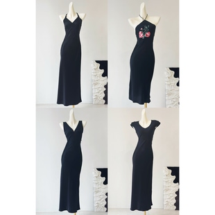 黑色桑蚕丝长裙复古立体斜裁真丝缎吊带连衣裙 特 真丝合集