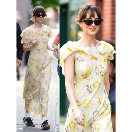 雪绿  D0en重工真丝长裙 设计感春日黄裙子荷叶袖斜裁花朵连衣裙