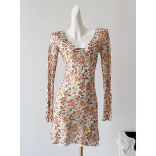 雪绿【真丝建宏绉】长袖短裙 设计感新色桑蚕丝印花斜裁连衣裙