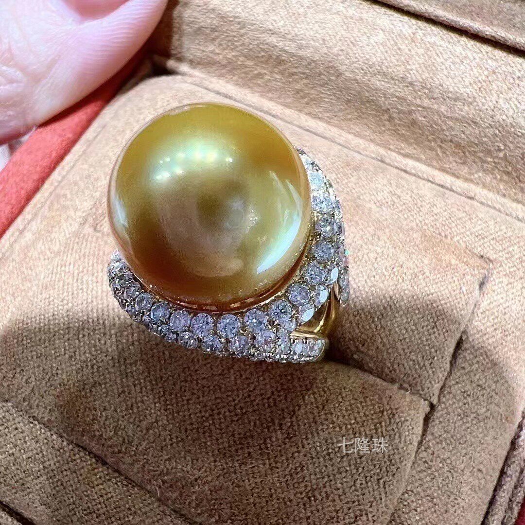 『七隆珠』浓金系18K金钻石南洋金珠戒指豪华镶嵌13-14MM