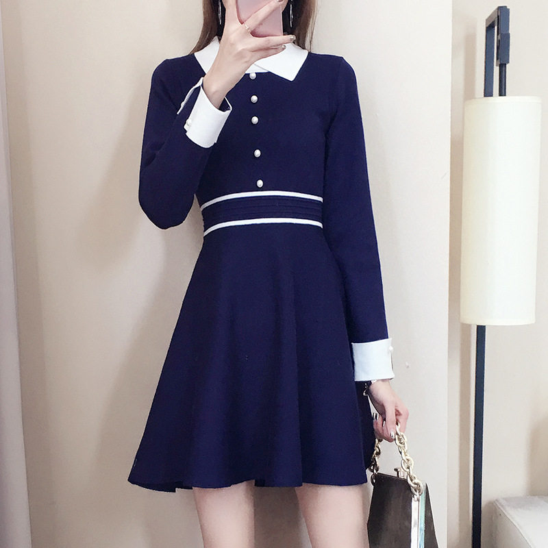 韩版女装2021秋季新款chic时尚毛衣A字裙打底长袖针织连衣裙女潮