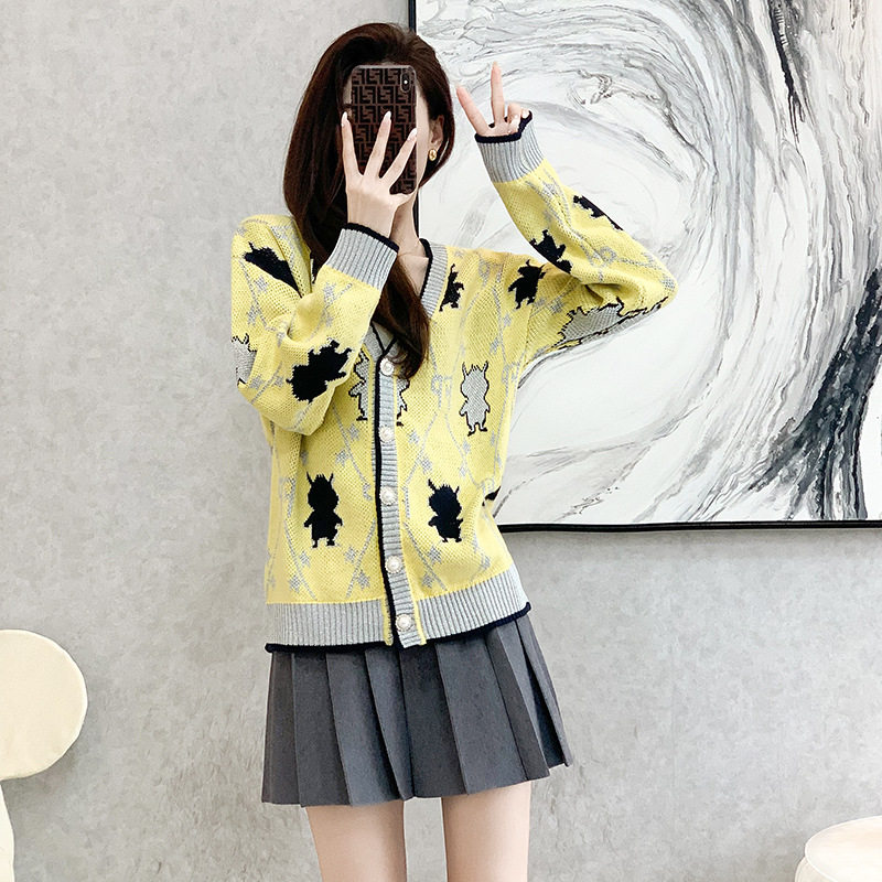 毛衣女2022过年春季新款韩版慵懒风宽松撞色亮丝提花针织开衫外套