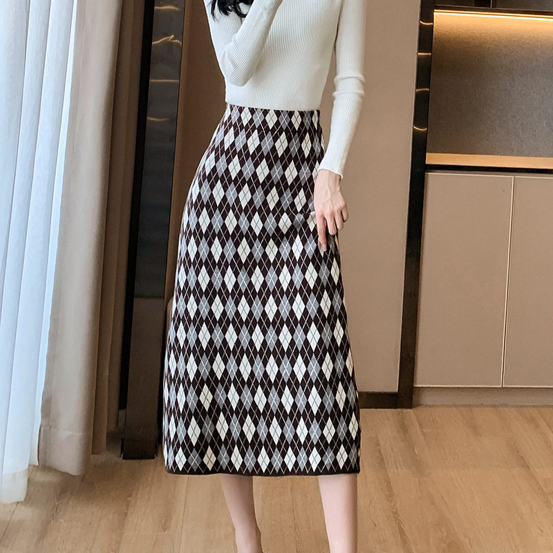实拍针织半身裙女遮胯a字长裙韩版春季高腰修身提花格子毛衣裙子
