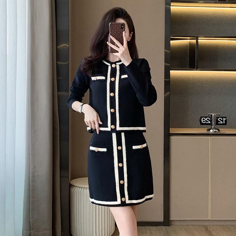 小香风时尚休闲套装女2023名媛长袖开衫半身裙针织两件套装裙子潮