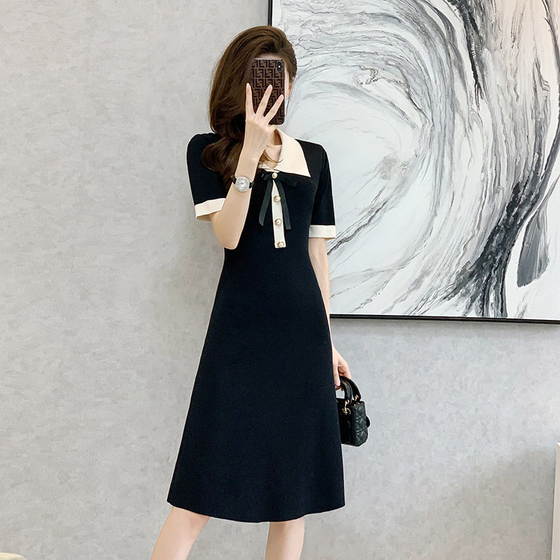 小香风冰丝小黑裙子2023夏季新款曲珠短袖中长款翻领针织连衣裙女