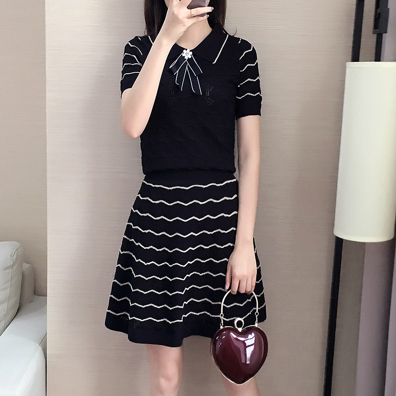 夏季女装条纹金丝娃娃领镂空针织衫冰丝上衣半裙身两件套装裙女
