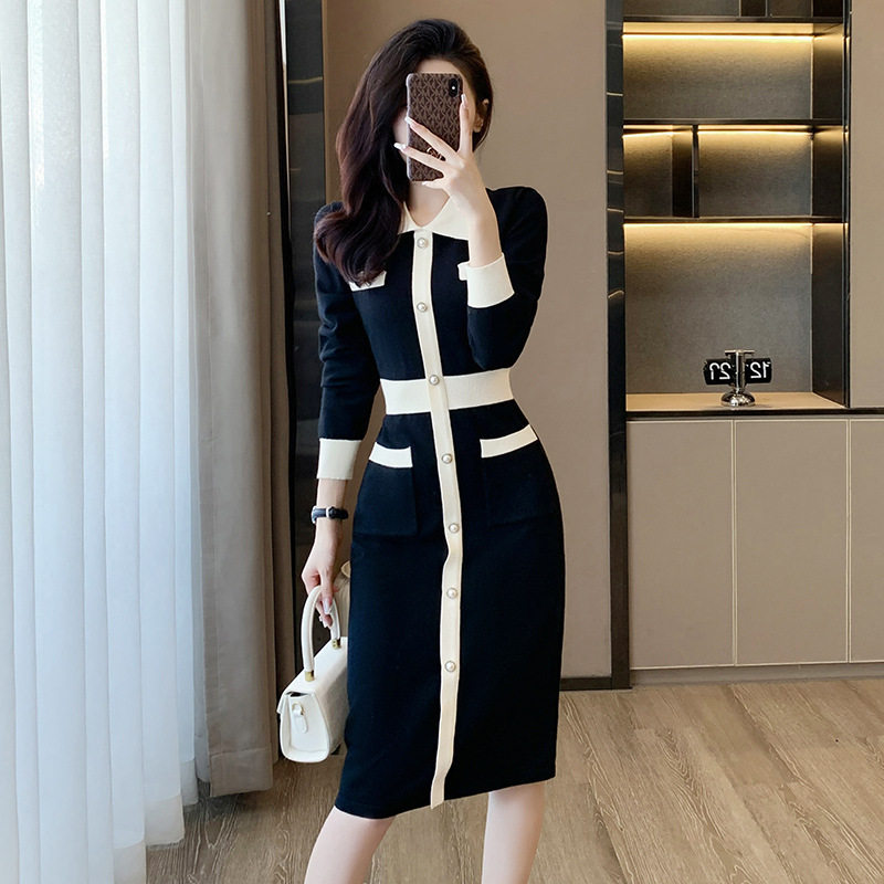 小香风过膝毛衣长裙2023秋冬季新品小黑裙高端女装内搭针织连衣裙