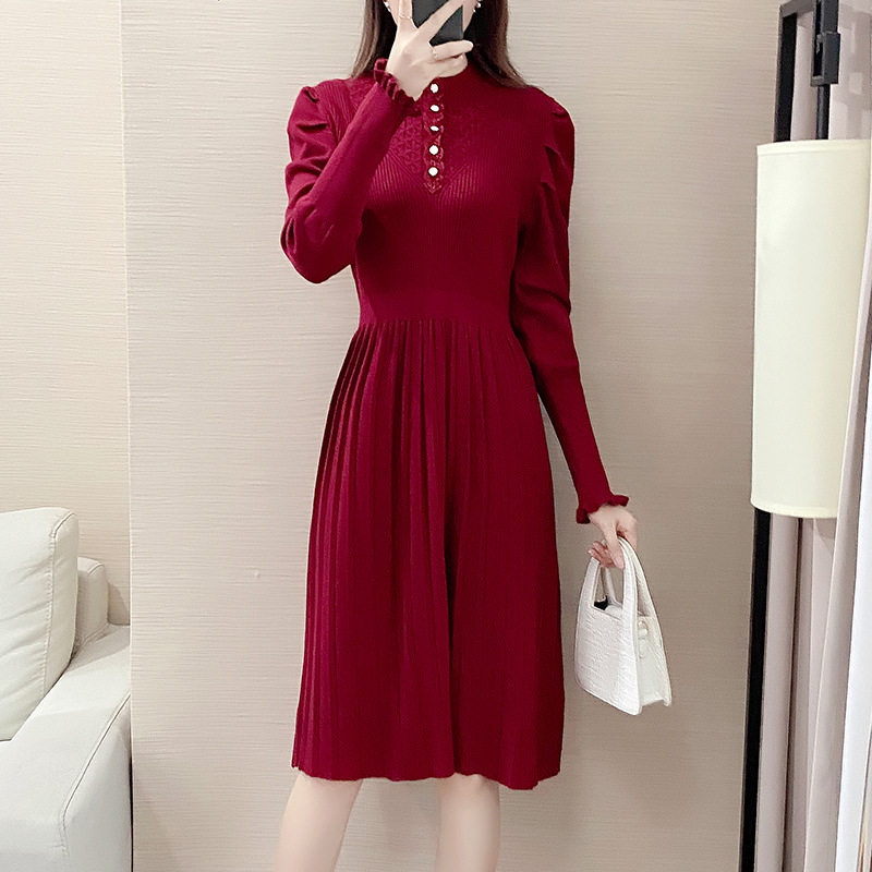 针织连衣裙女新款秋冬半高领高腰长袖韩版纯色毛衣A字裙9736