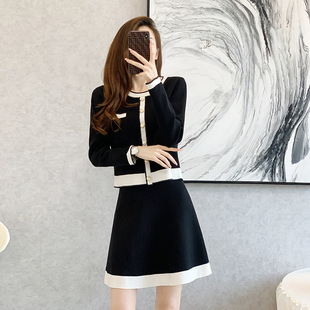 2023秋冬季新款小香风针织衫女上衣裙子两件套装裙女时尚休闲套装