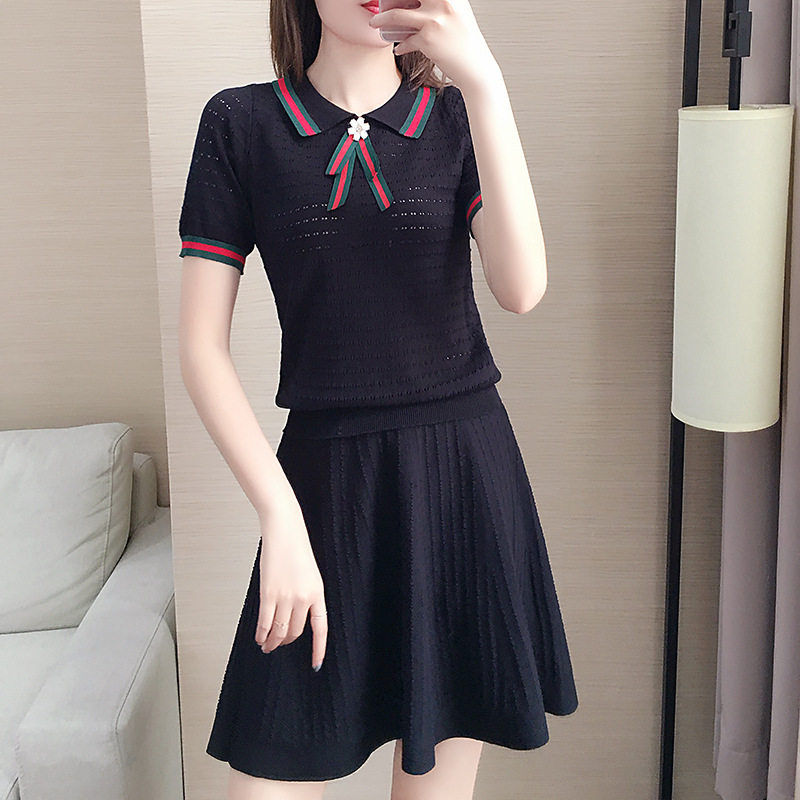 夏季洋气短袖套装女2023新款气质显瘦两件套镂空针织套裙潮