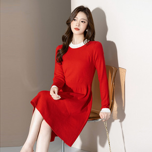 气质女装过年喜庆小香风针织连衣裙手工钉珠长袖A字打底毛衣裙女