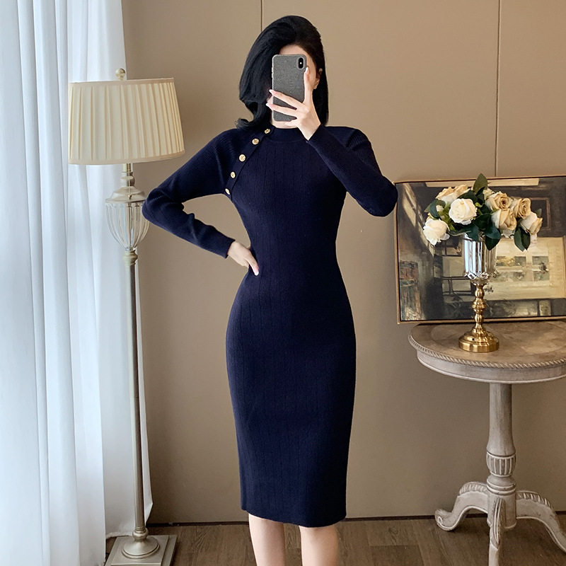 深圳南油女装针织连衣裙女秋冬季名媛小香风过膝长款包臀毛衣裙子