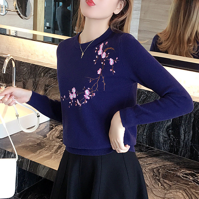 天猫工厂自制秋冬季韩版刺绣套头毛衣女打底针织衫套头女上衣