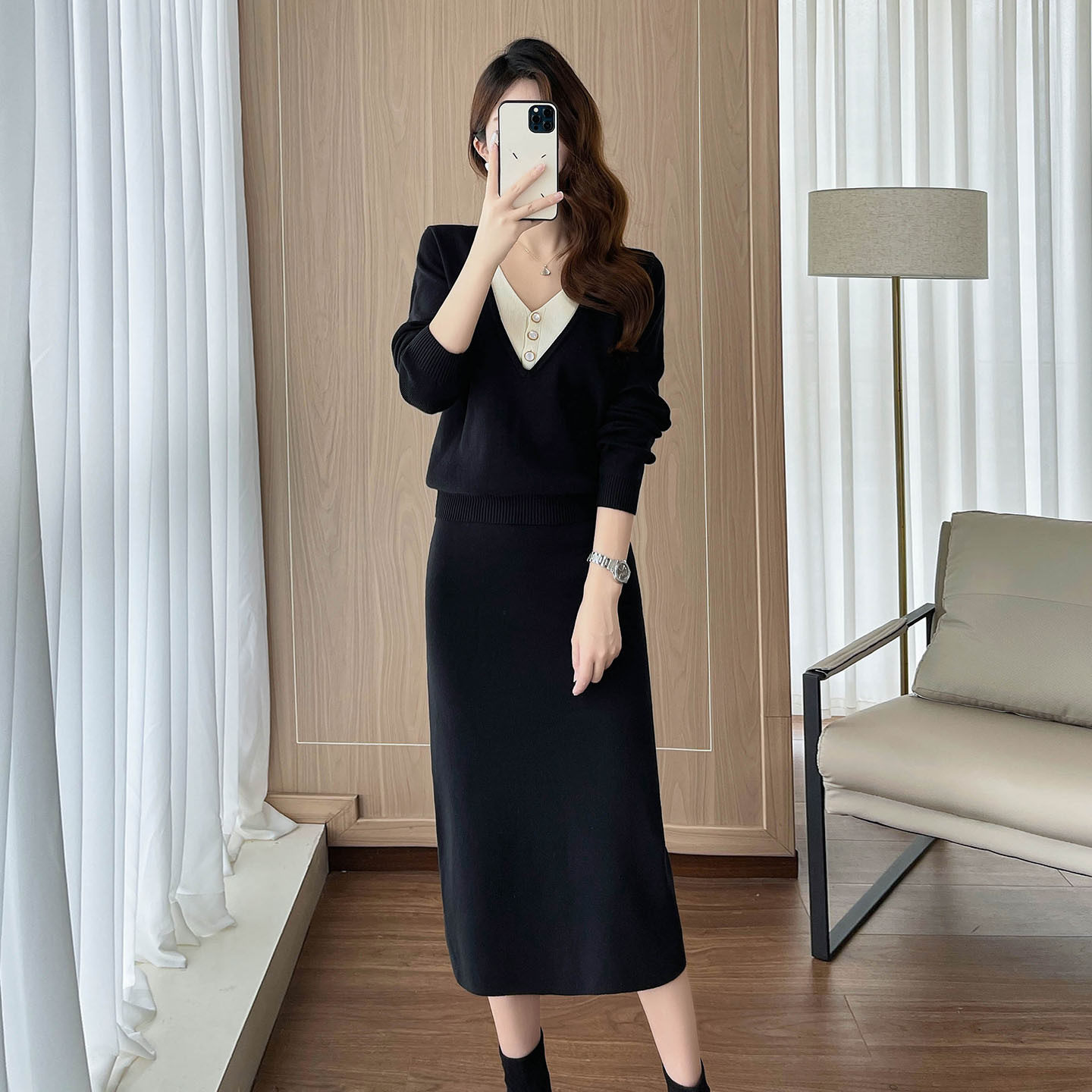 时尚休闲套装女秋冬季长袖黑色套头毛衣黑色半身裙针织两件套装裙
