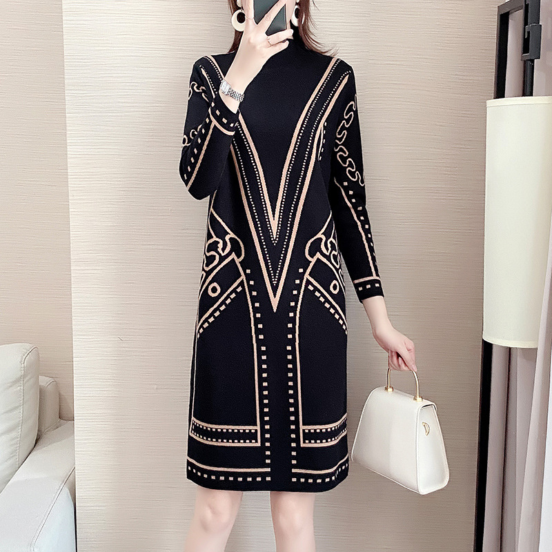 大码女装胖MM春季针织连衣裙女韩版提花长袖中长款宽松毛衣裙子