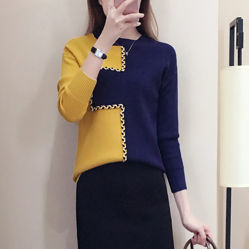 网红圆领撞色毛衣女套头秋冬2022新款韩版ins风针织衫女上衣