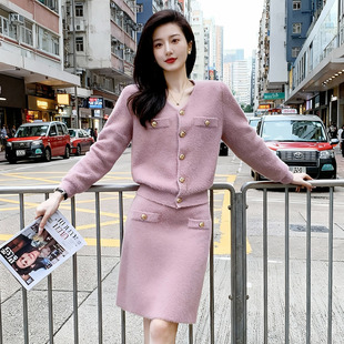 休闲时尚套装女法式小香风粉色高级感时髦针织两件套轻熟套装裙子