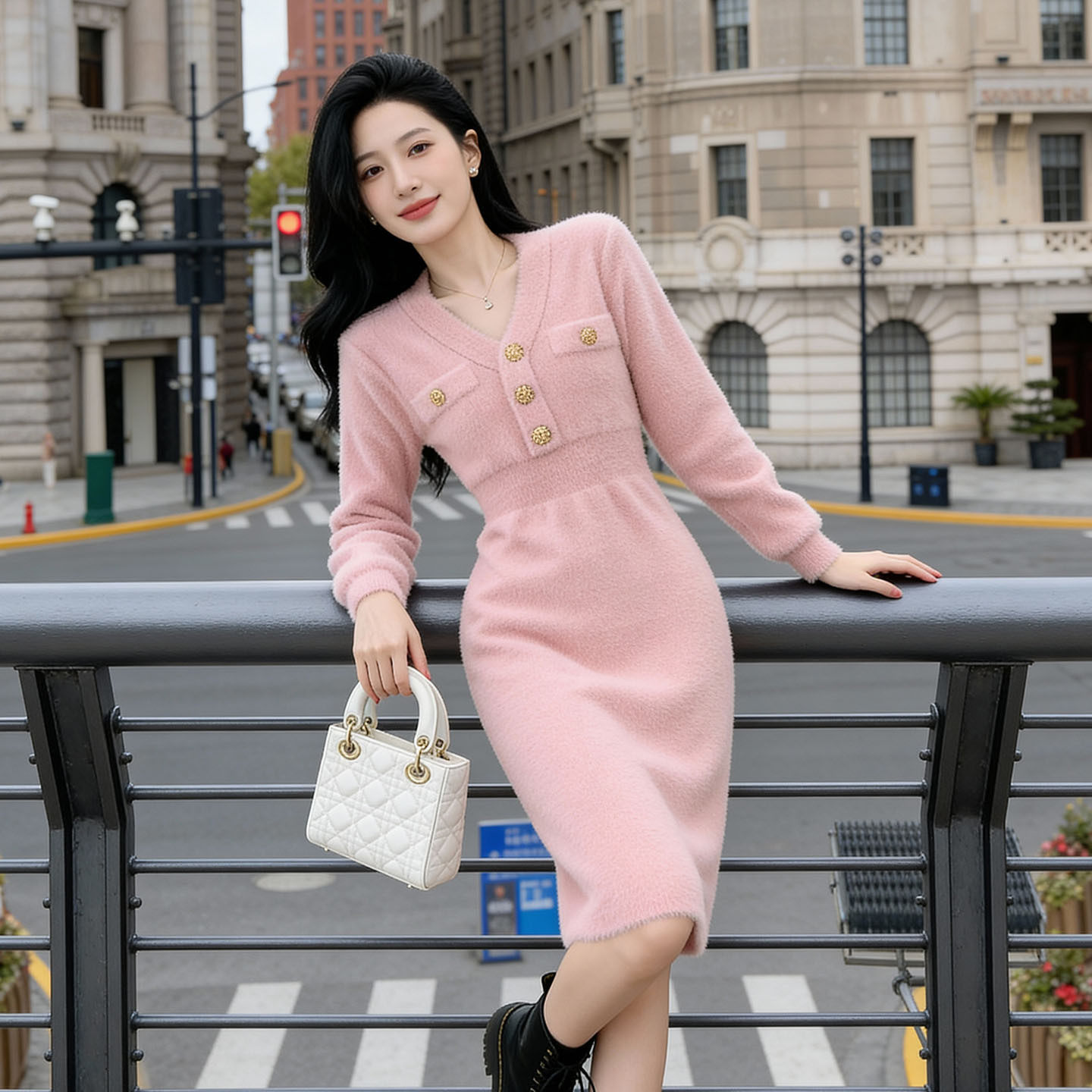 小香风针织连衣裙女法式名媛气质修身长袖高腰粉色包臀毛衣裙批发