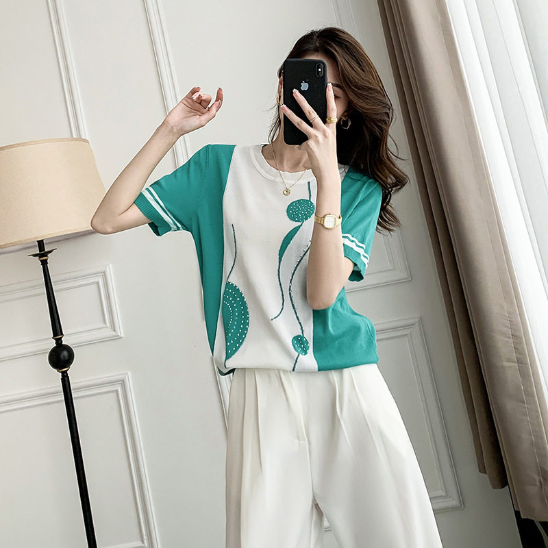 跨境女装夏季冰丝针织衫女宽松套头薄款打底衫洋气短袖女上衣内搭