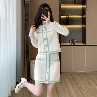 名媛小香风针织两件套装裙子女秋冬季长袖开衫半身裙时尚休闲套装