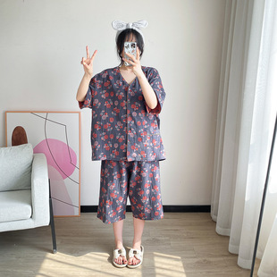 七分裤 薄款 全棉色织国风短袖 睡衣女大码 可外穿 V领开衫 家居服套装