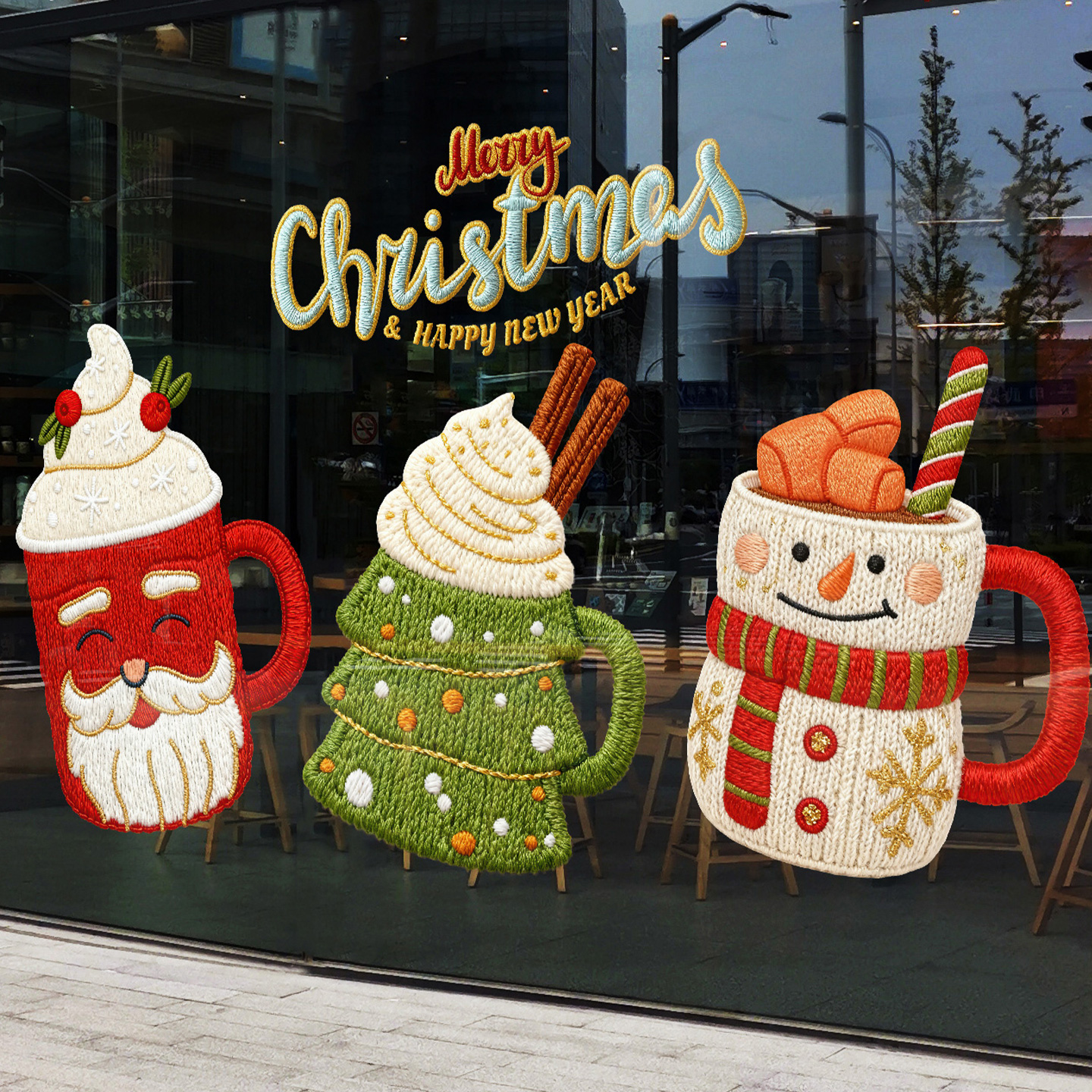 西餐厅圣诞节元素窗贴刺绣针织氛围感圣诞树雪人老人咖啡店酒吧贴