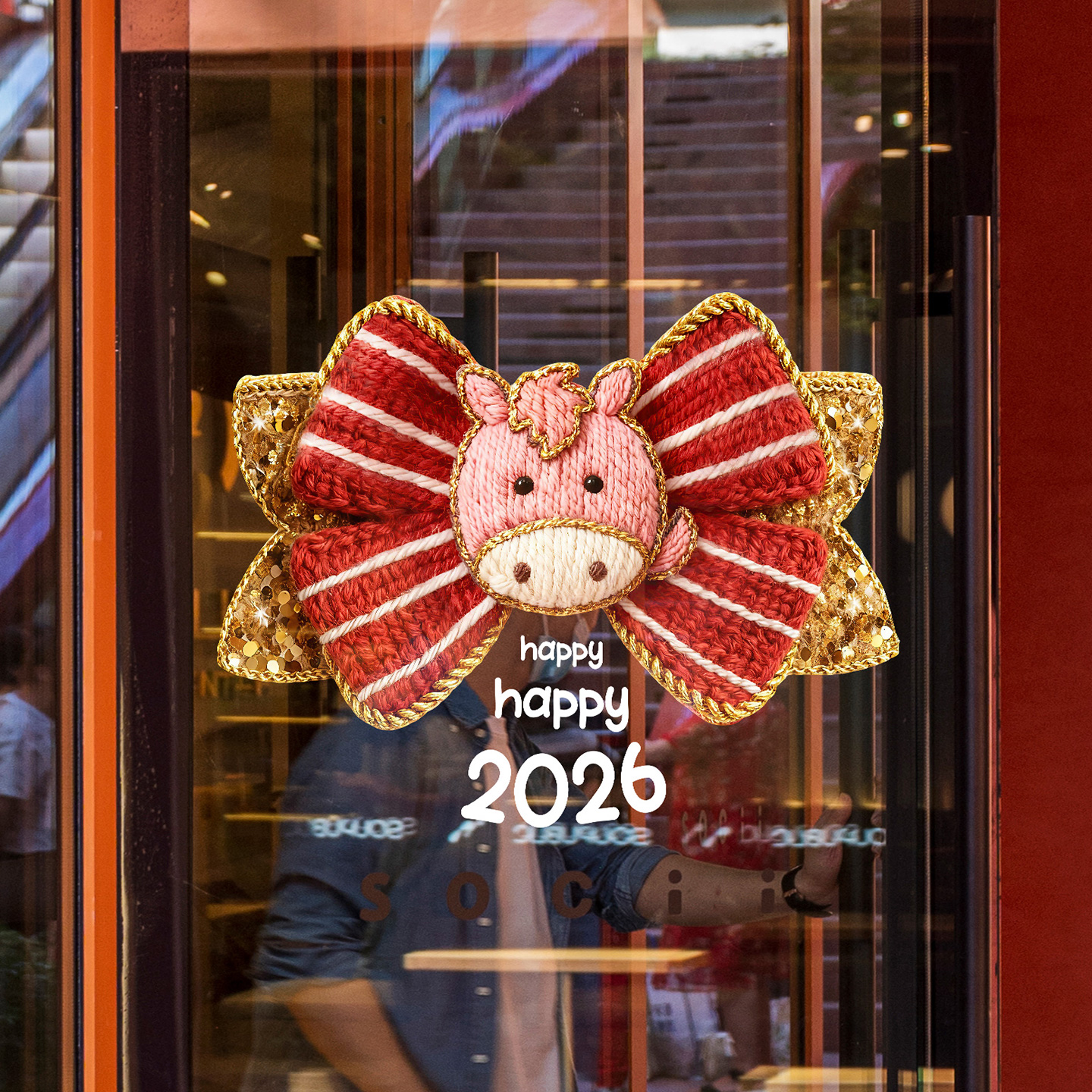 蝴蝶结玻璃门贴新年可爱马年珠宝店橱窗布置网红服装店窗花2026贴