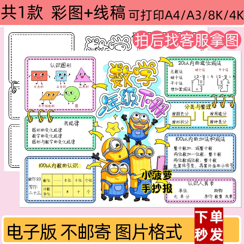 一年级下册数学手抄报电子版总复习数学小报线稿打印