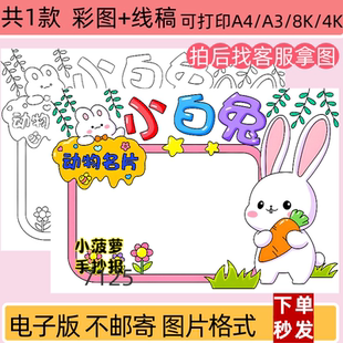 ZXL小白兔动物名片手抄报电子版动物观察日记模板线稿打印
