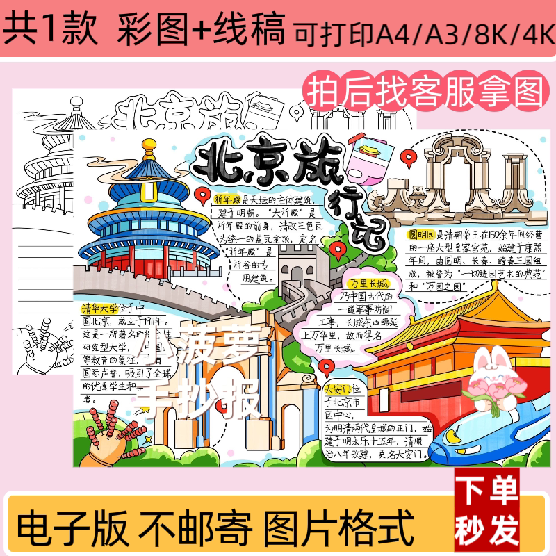 北京旅行记手抄报电子模板名胜古迹导览图暑假旅游导游图线稿打印