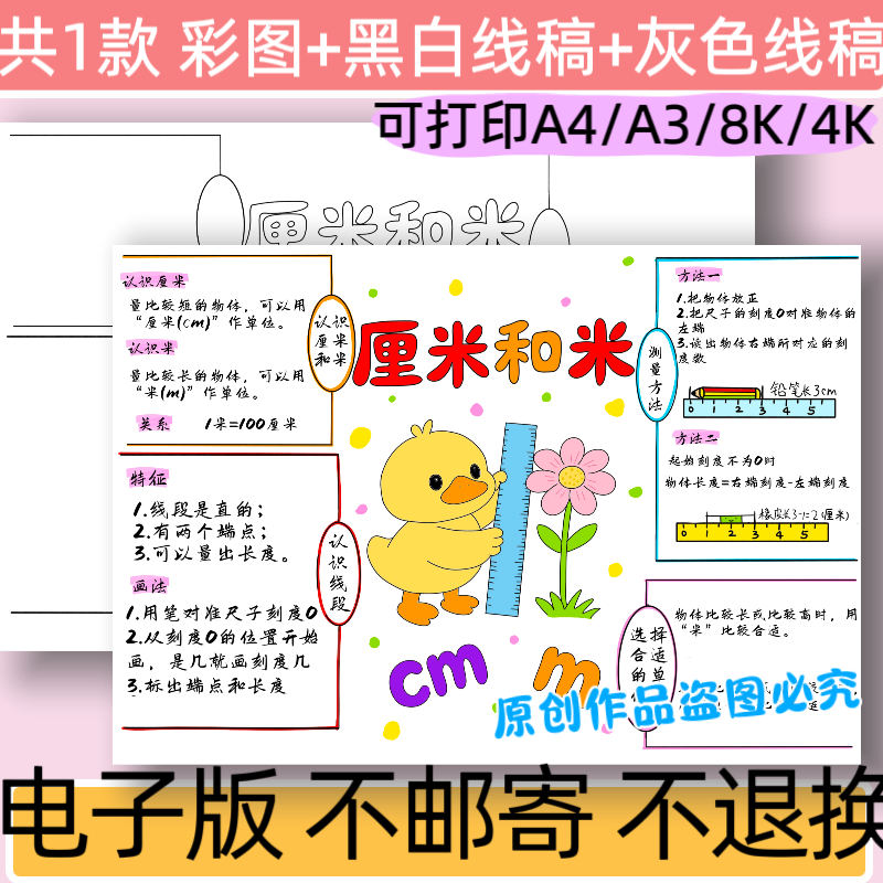 B79厘米和米数学思维导图手抄报模板电子二年级数学上册线稿